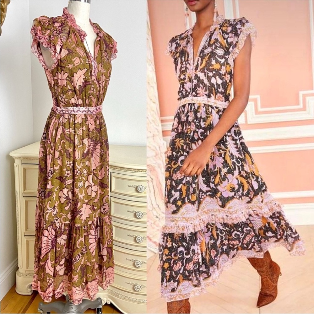 Ulla Johnson RARE Celestia Floral Batik Print Midi Dress Olive Ruffl Silk Size 6 - Picture 3 of 17